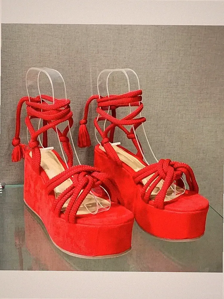 Damen Sandalen Keilabsatz 6,5 cm Plateau Plateau Rot Schnürung Kunstleder 30495