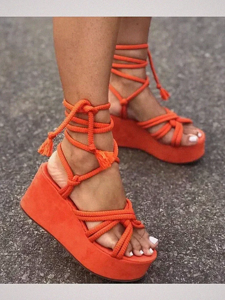 Damen Sandalen Keilabsatz 6,5 Platform Plateau Orange Schnürung Kunstleder 30495