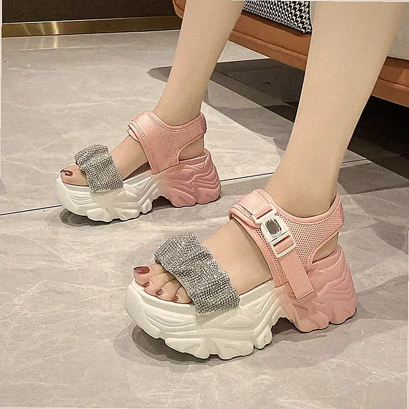 Damen Sandalen Keilabsatz 7,5 Cm Plateau Rosa Bequem Synthetisches Leder 32957