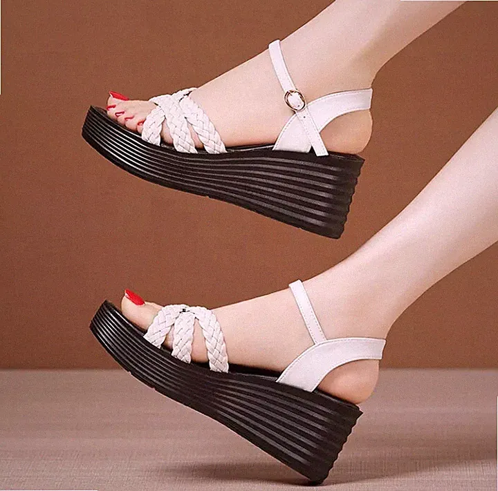 Damen Sandalen Keilabsatz 7 cm Plateau Plateau Schwarz Weiß Kunstleder 76531