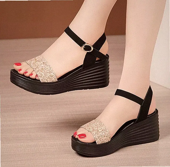 Damen Sandalen Keilabsatz 7 cm Plateau Schwarz Gold Strass Kunstleder 76529