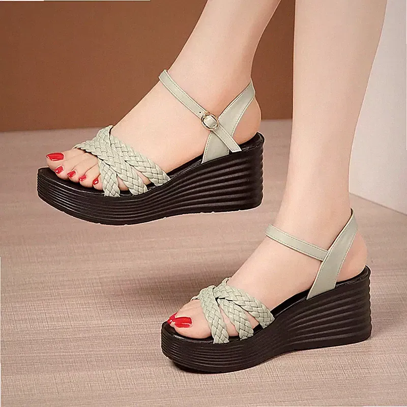 Damen Sandalen Keilabsatz 7 cm Plateau schwarz grün Kunstleder 76531