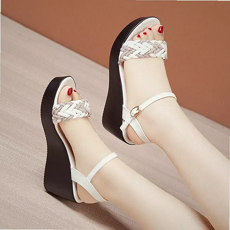Damen Sandalen Keilabsatz 7 cm Plattform Plateau Weiß Strass Kunstleder 32355