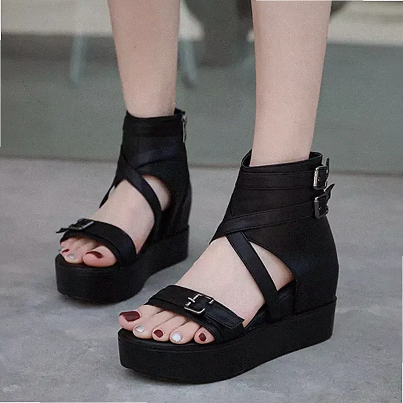 Damen Sandalen Keilabsatz 8 cm Plateau Plateau schwarz bequem Kunstleder 42342