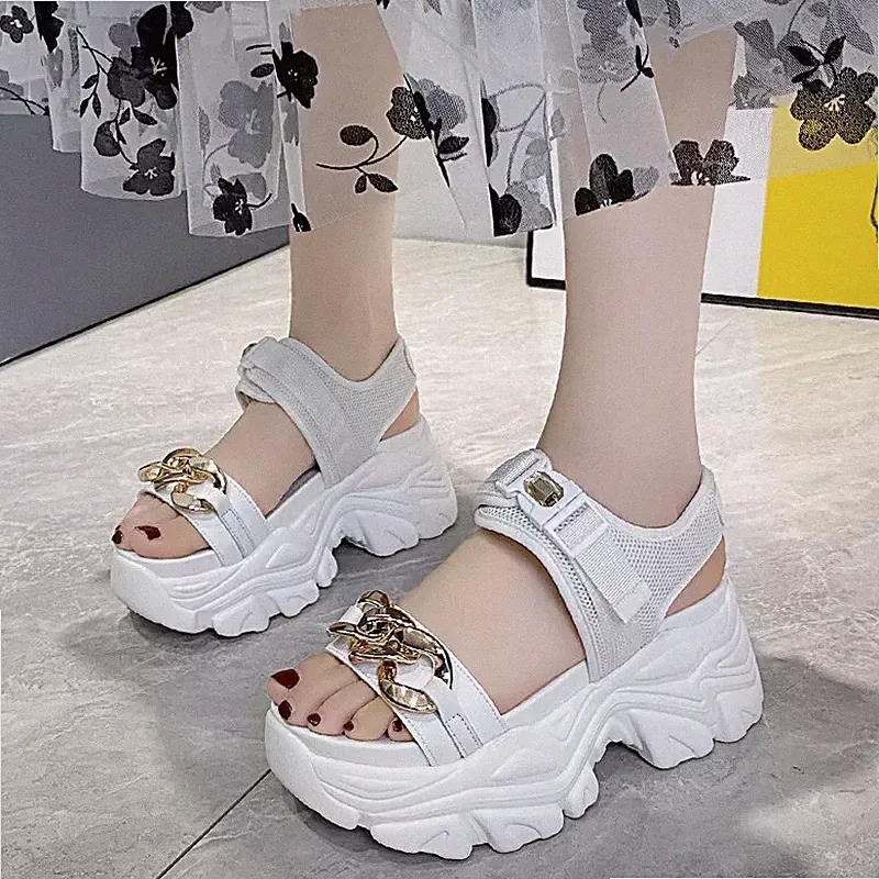 Damen Sandalen Keilabsatz 8 cm Plateau Plateau weiß bequem Kunstleder 12552