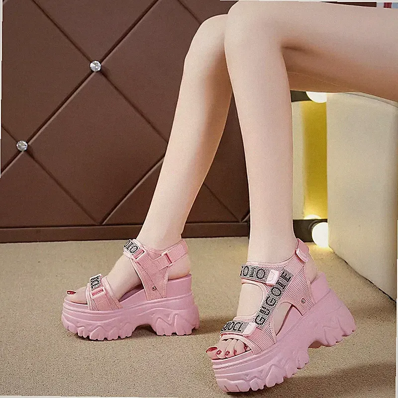 Damen Sandalen Keilabsatz 9 Cm Plateau Rosa Bequem Synthetisches Leder 32956