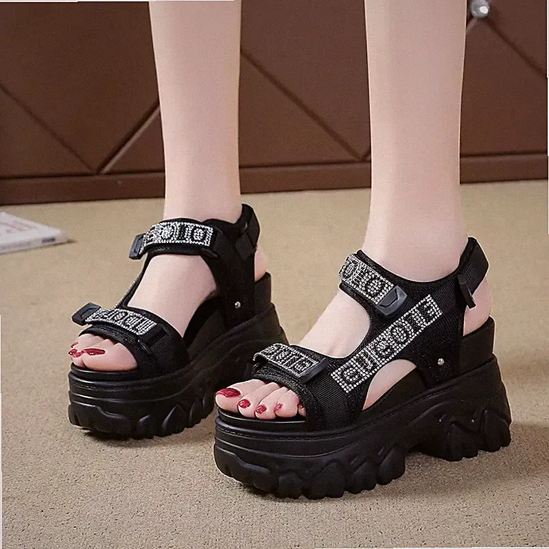 Damen Sandalen Keilabsatz 9 Cm Plateau Schwarz Bequem Synthetisches Leder 32956