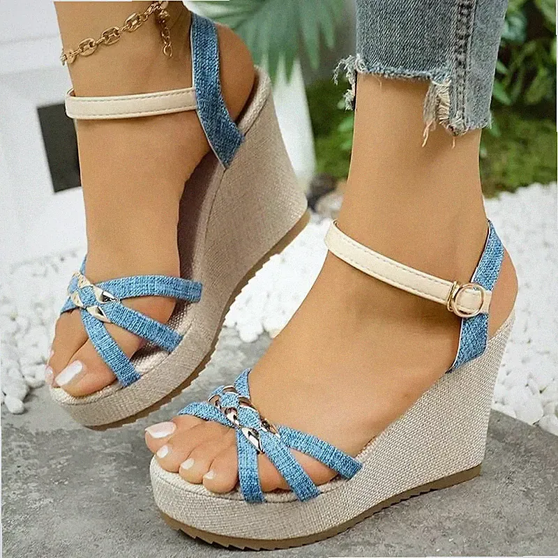 Damen Sandalen Keilabsatz Denim Kordel Jeans Azzurro Blau 10,5 cm CF14X2B