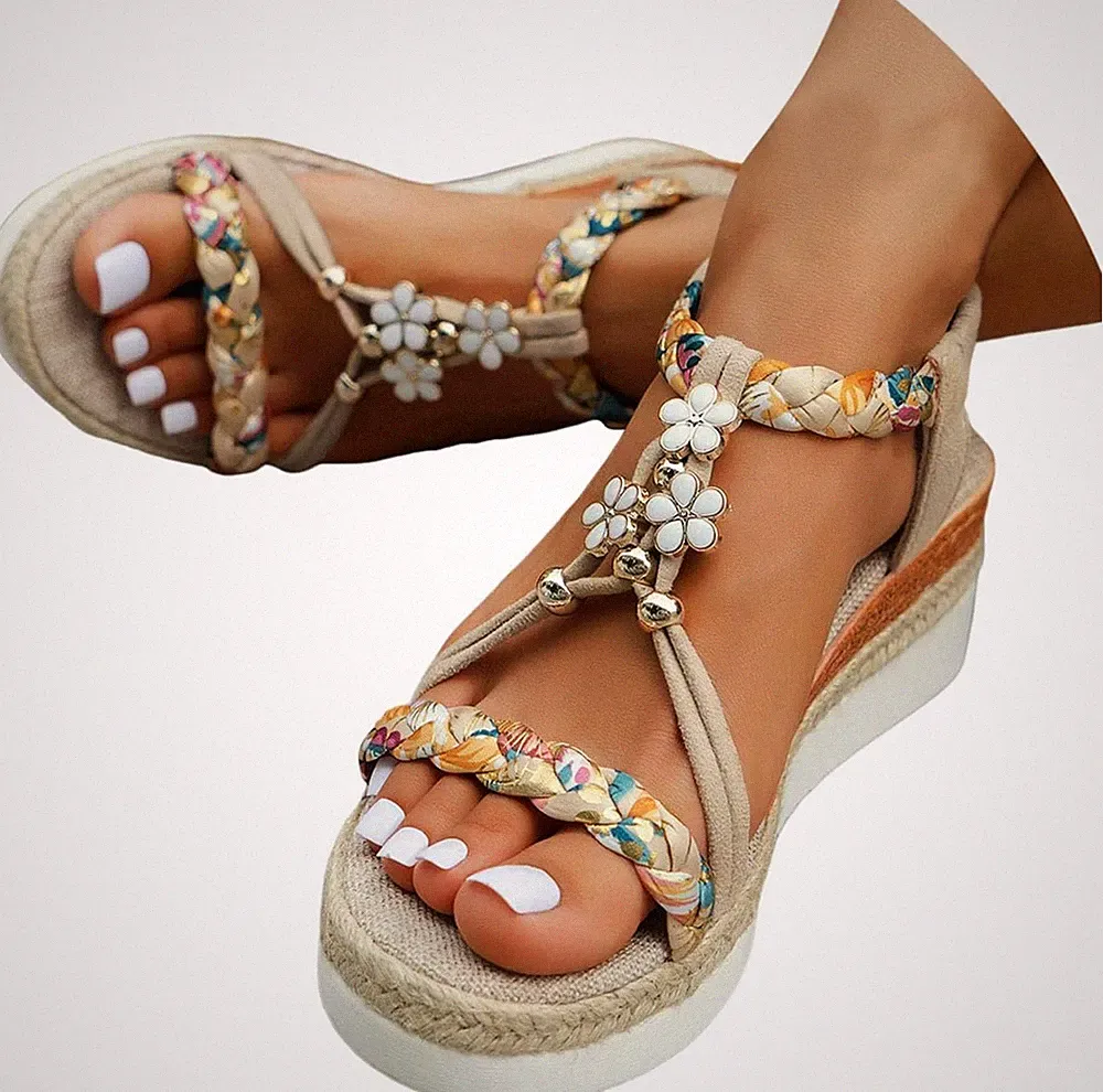 Damen Sandalen Keilabsatz Geflochtene Sandalette Elastik Riemen Sommer
