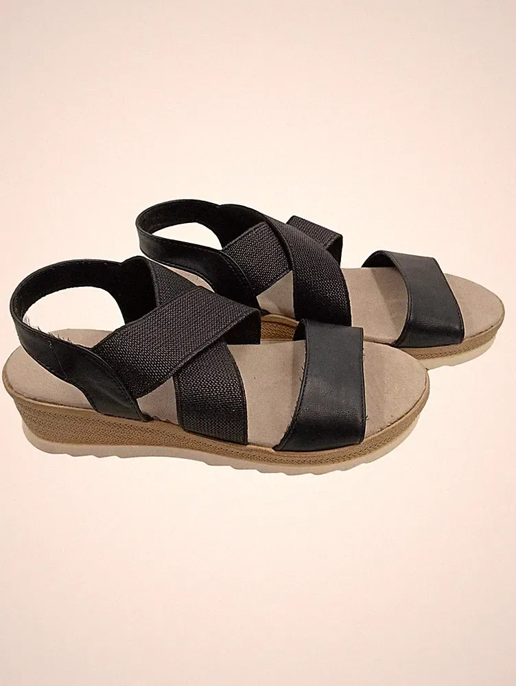 Damen Sandalen Keilabsatz Gr. 37 Schwarz Komfort