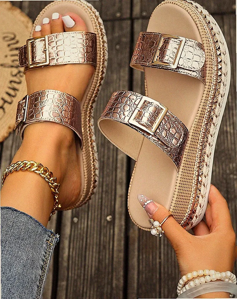 Damen Sandalen Keilabsatz Krokodilmuster Metallic Schnalle Roségold Beige Gr.36