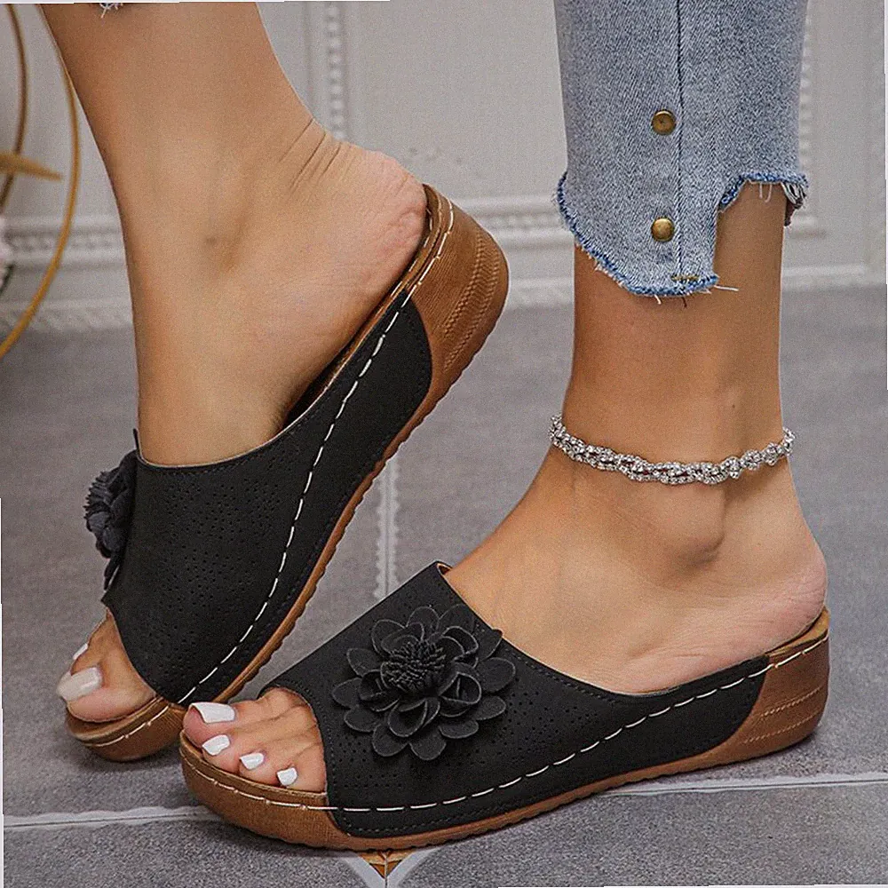Damen Sandalen Keilabsatz Pantoletten Hausschuhe Sommer Slip On Schuhe Outdoor