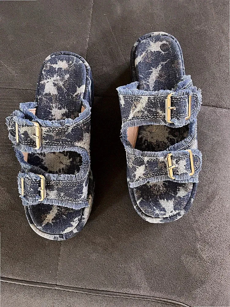 Damen Sandalen Keilabsatz/Plateau Blau/Weiß Batik Stoff Riemchen Schnalle