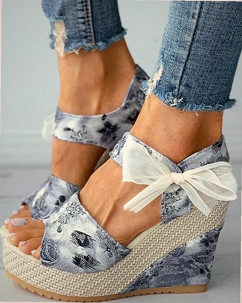 Damen Sandalen Keilabsatz Plateau Kordel 12 cm blau beige Kunstleder CZ099