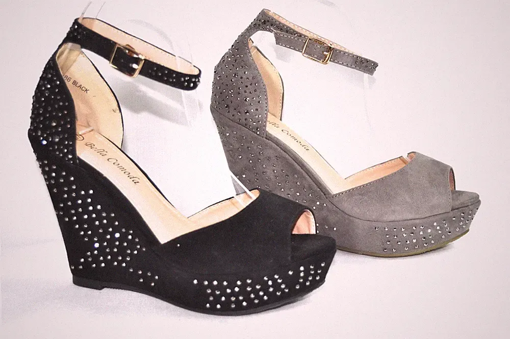 Damen Sandalen Keilabsatz Plateau Strass Steine High Heels Sandaletten B86 Neu