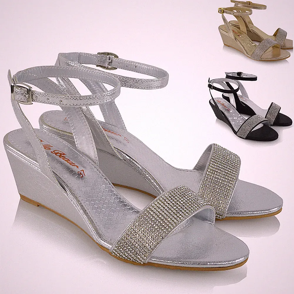 Damen-Sandalen Knöchelriemen Keilabsatz Diamanten Urlaubsschuh Größe 3-8