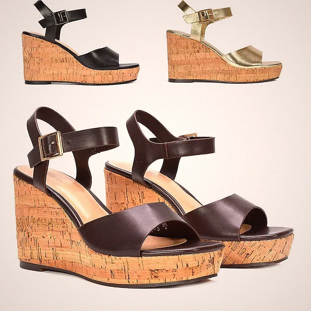 Damen-Sandalen Kork Keilabsatz Knöchelriemen Plateau Sommerschuhe UK 3–8