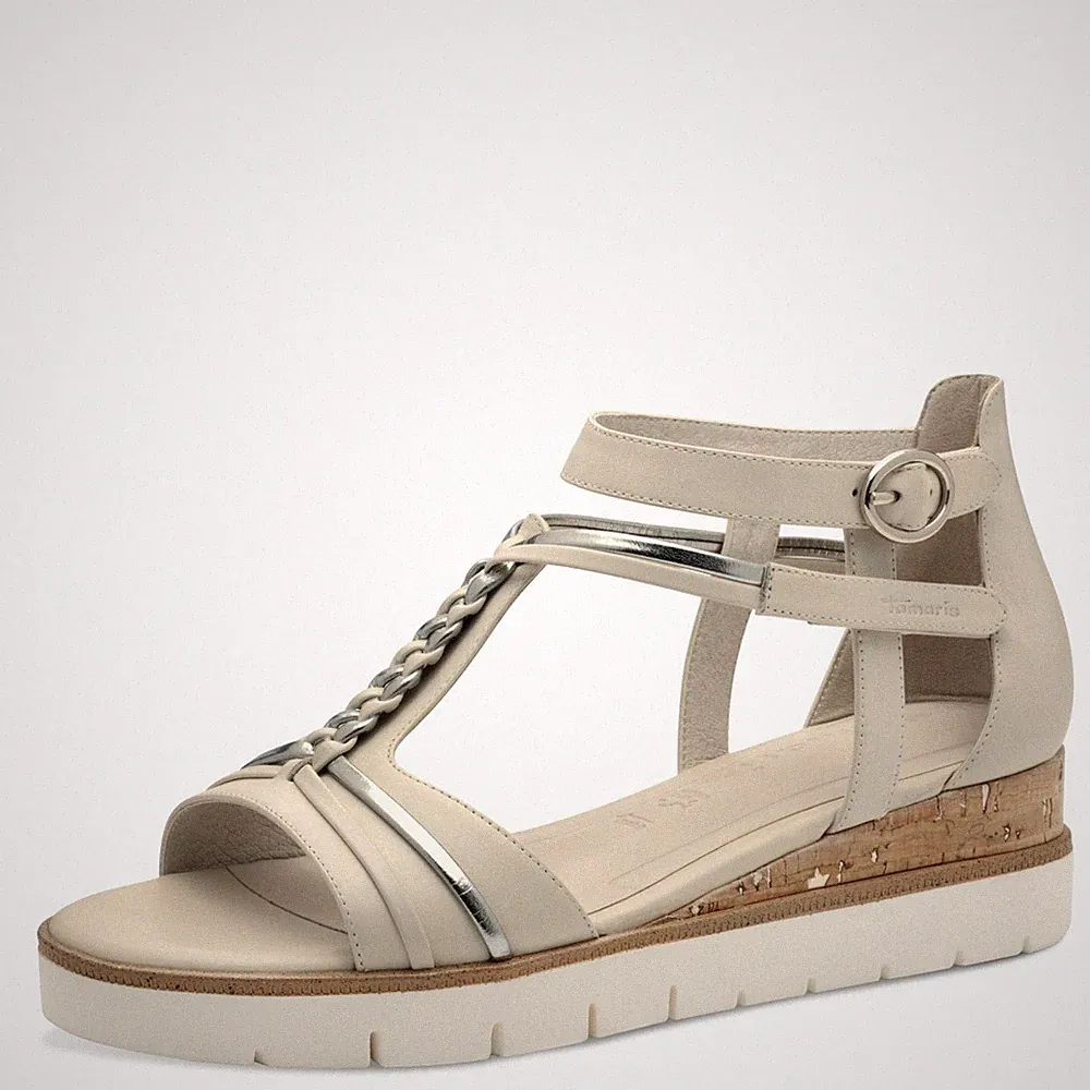 Damen Sandalen Leder Beige Elfenbein Und Silber Niedriger Keilabsatz TAMARIS