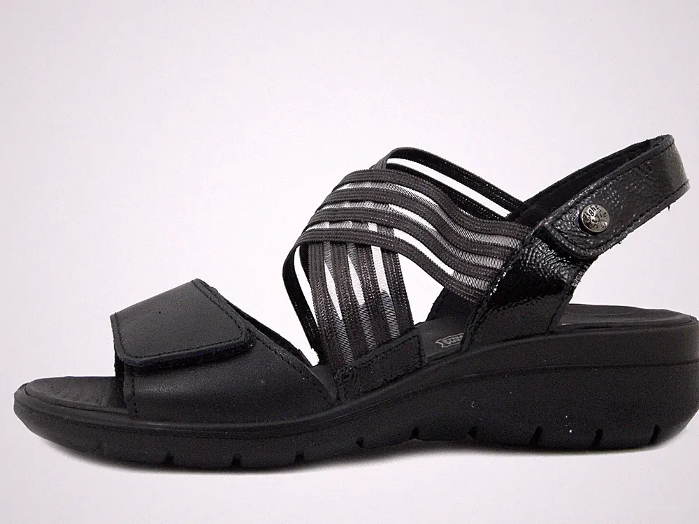Damen Sandalen Leder schwarz mit Riemchen niedriger Keilabsatz breiter Fuß IMAC