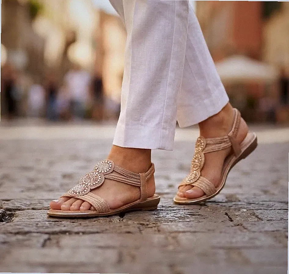 DAMEN SANDALEN LOW CHAMPAGNER MYE1101 SANDALE MIT STRASS MODE SOMMER 2026