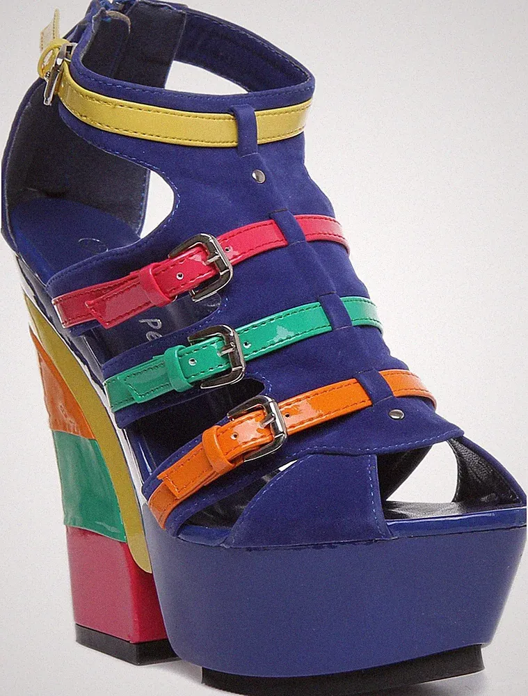 Damen-Sandalen mehrfarbig offene Zehenpartie Plateau-Absatz Blau UK 2–8
