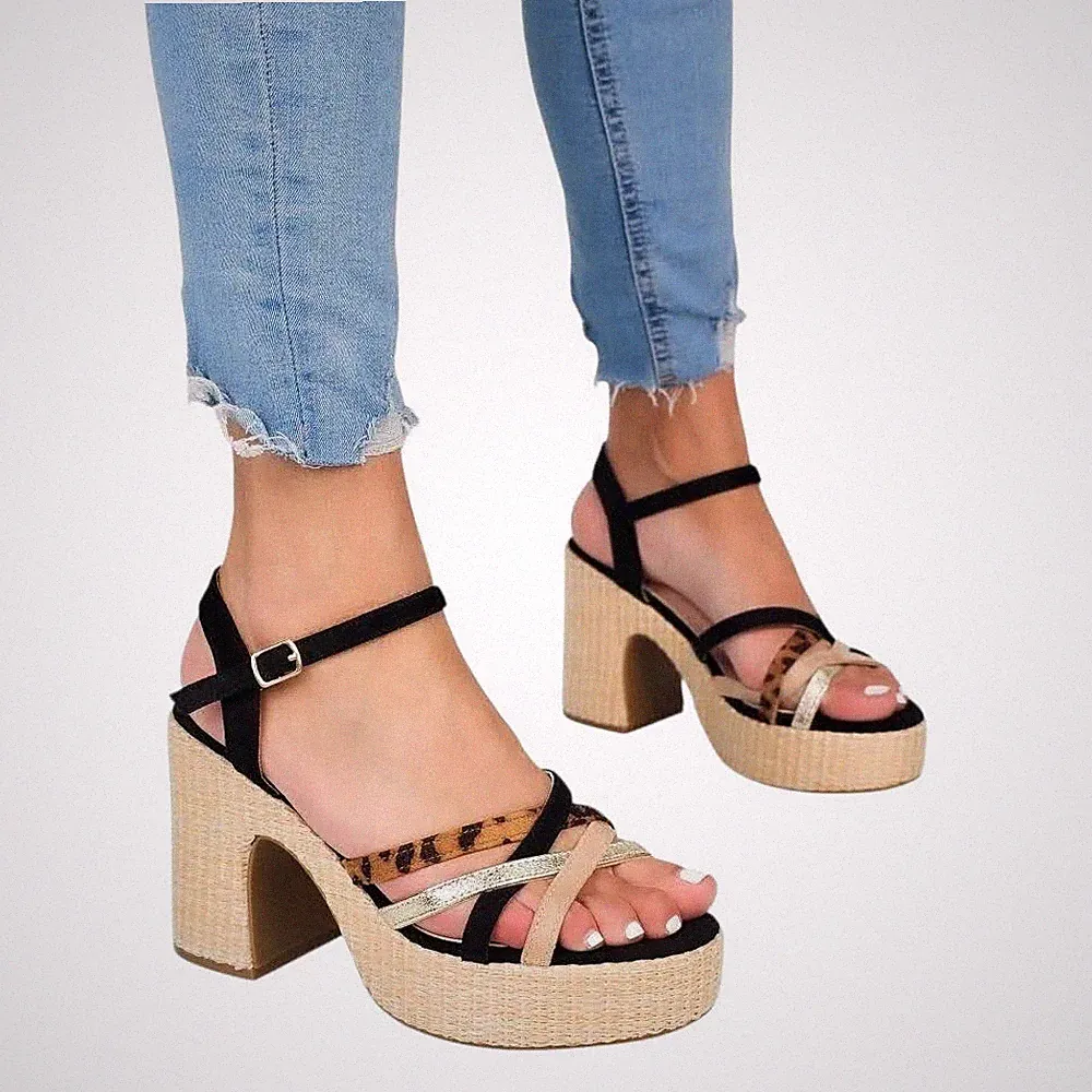 Damen Sandalen Mit Absatz 3877 Schwarze Plattform Mode Sommer