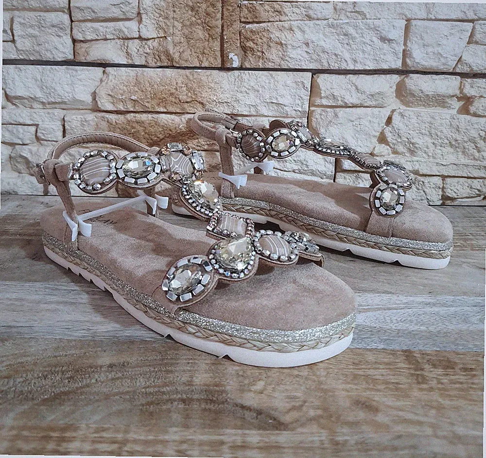 DAMEN SANDALEN MIT KEILABSATZ 895J1 BEIGE SANDALE MIT STEINEN UND STRASS SOMMERMODE