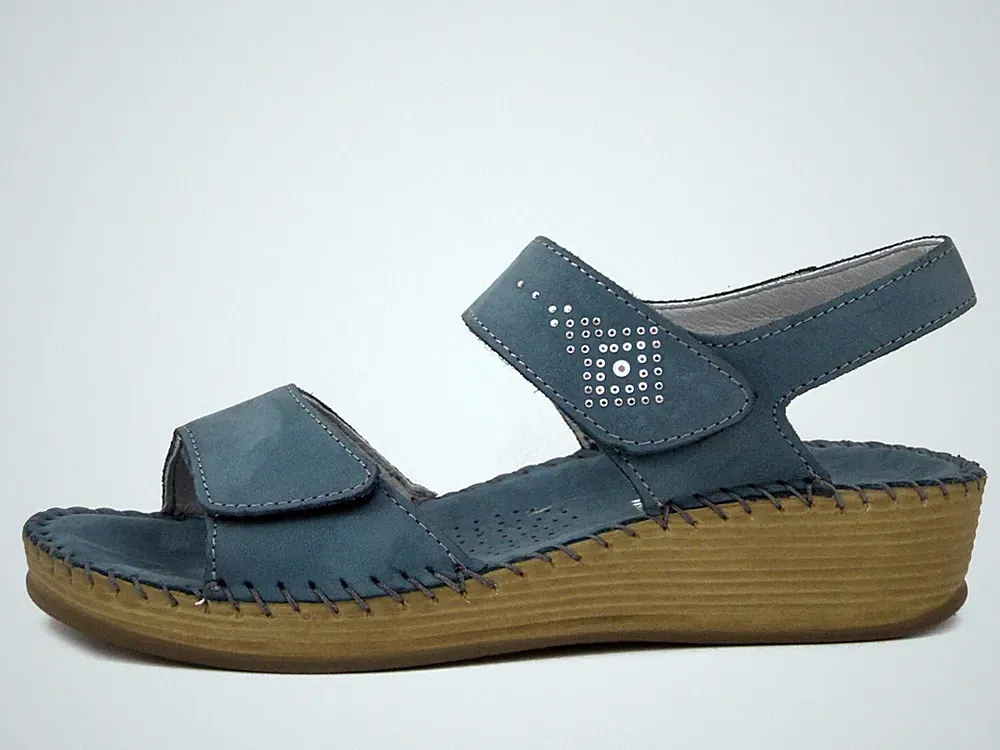 Damen Sandalen mit Keilabsatz Leder blau mit Doppelriemen WALK IN THE CITY