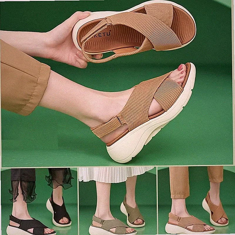 Damen Sandalen mit Keilabsatz, überkreuzte Sandalen,Rutschfeste Slip-On-Sandalen