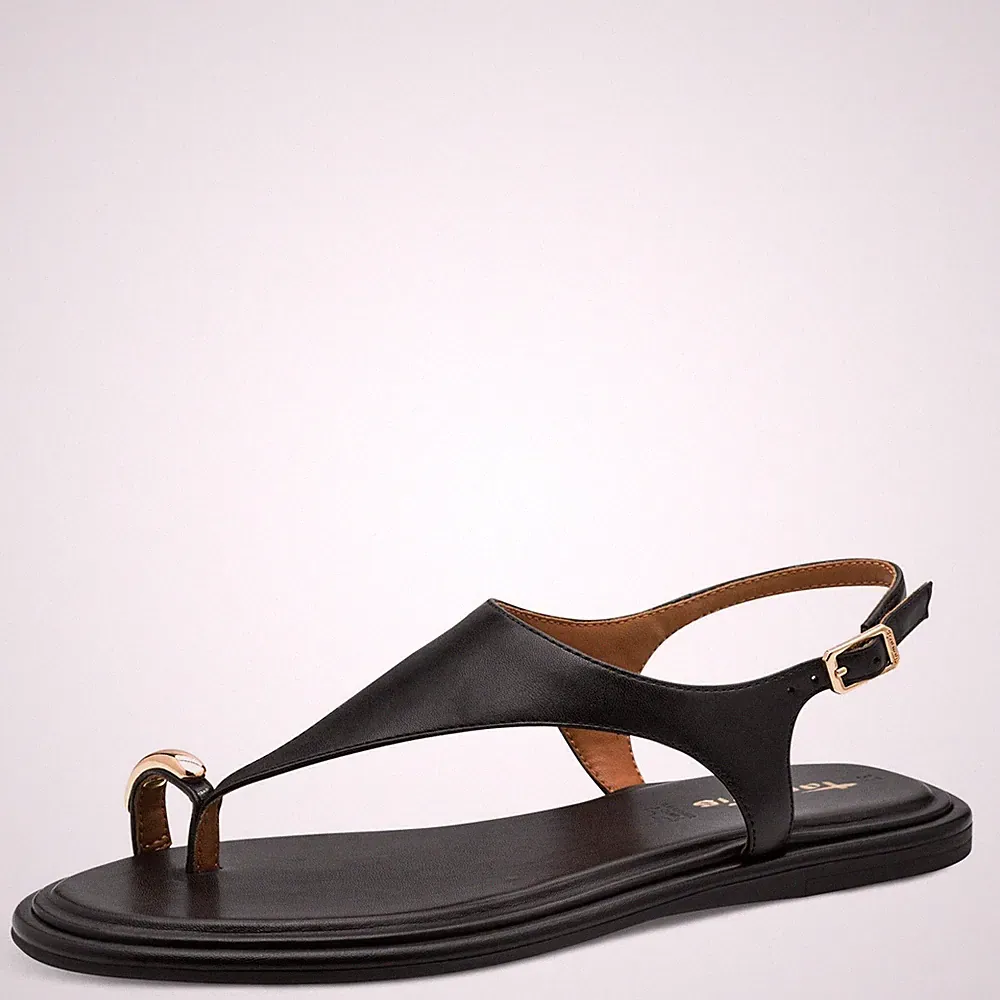 Damen Sandalen niedrige Zehentrenner Leder schwarz und gold TAMARIS