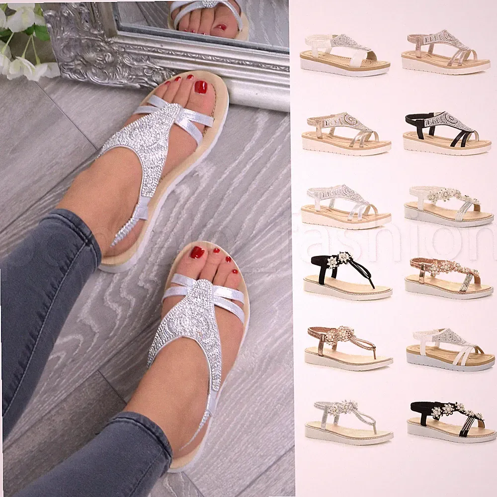 DAMEN-SANDALEN NIEDRIGER ABSATZ FLACH SLINGBACK KEILABSATZ STRASSAPPLIKATION T-STEG GRÖSSE