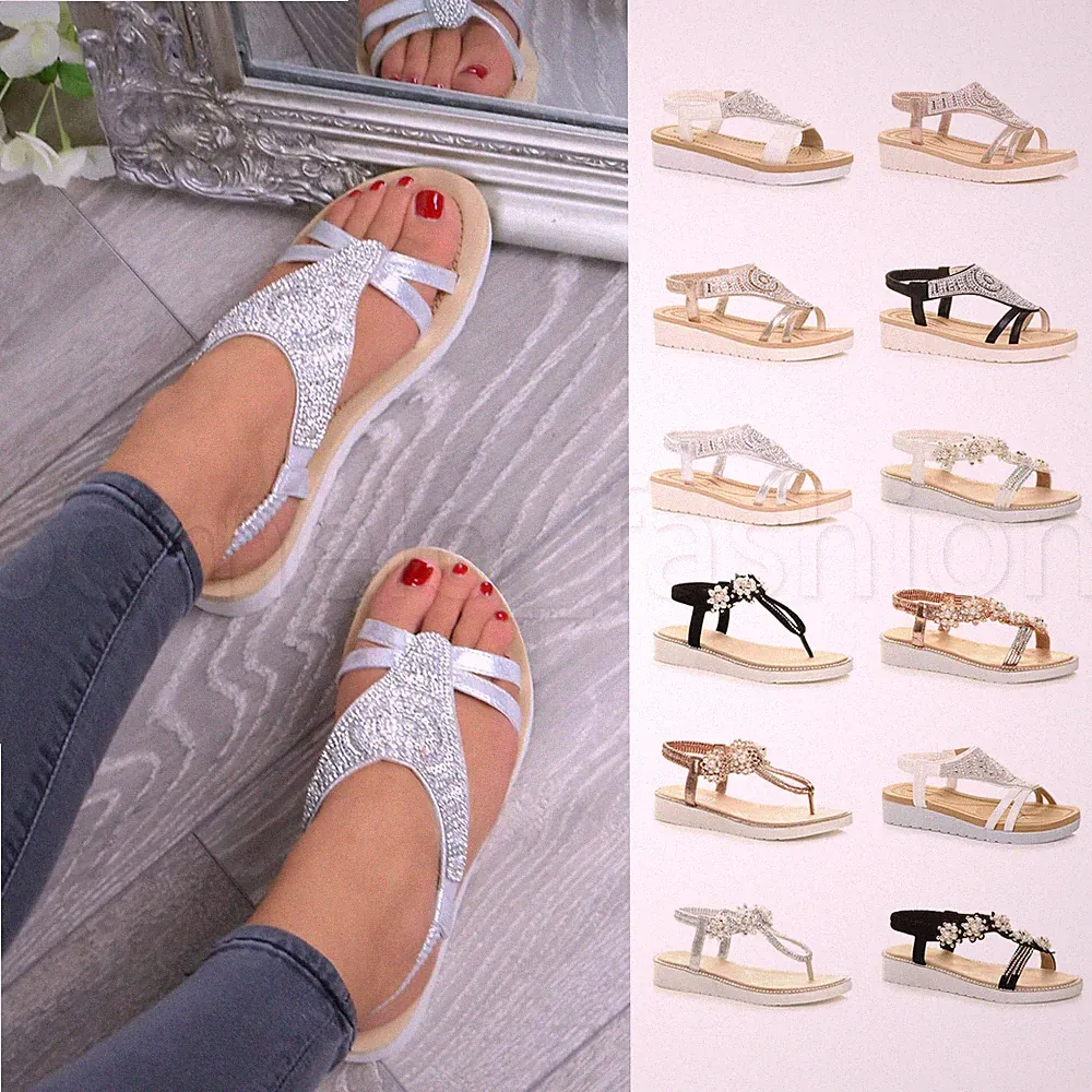 DAMEN-SANDALEN NIEDRIGER ABSATZ FLACH SLINGBACK KEILABSATZ STRASSAPPLIKATION T-STEG GRÖSSE