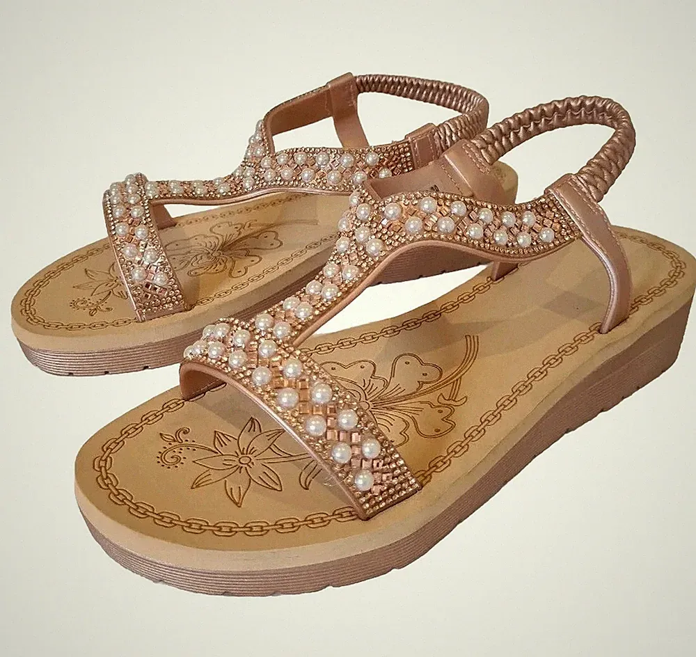 Damen-Sandalen niedriger Keilabsatz Rosegold Perlen Gummizug Freizeit Sommerschuhe neu
