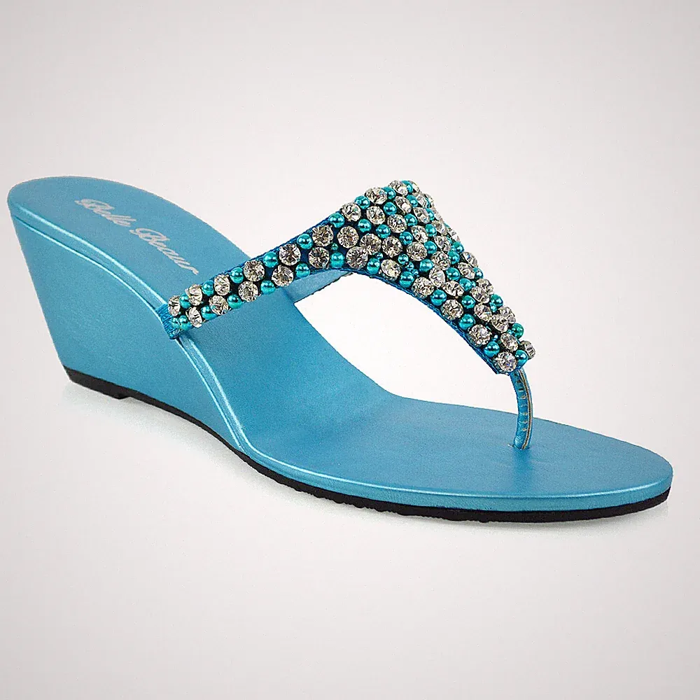 Damen-Sandalen niedriger Keilabsatz Strass Zehensteg glitzernd Urlaub Party 3–9
