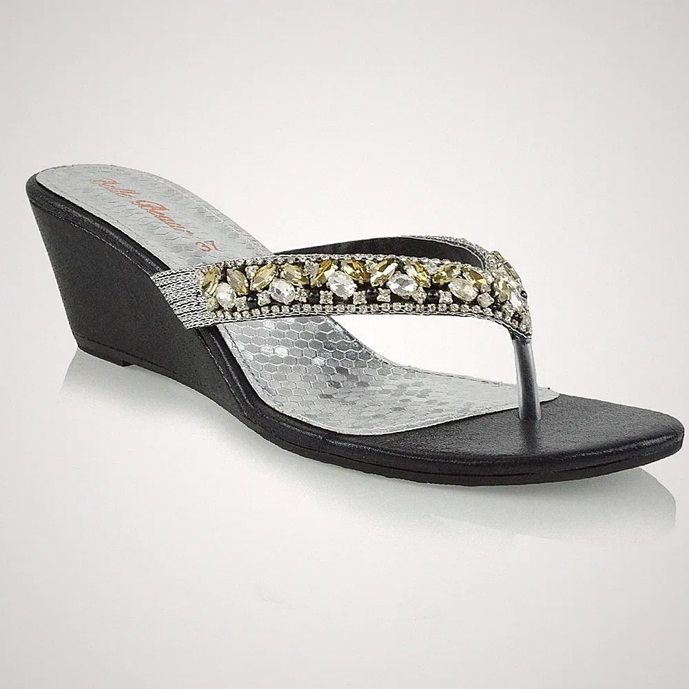 Damen-Sandalen niedriger Keilabsatz Zehensteg Strass glitzernde Flip-Flops 3–8