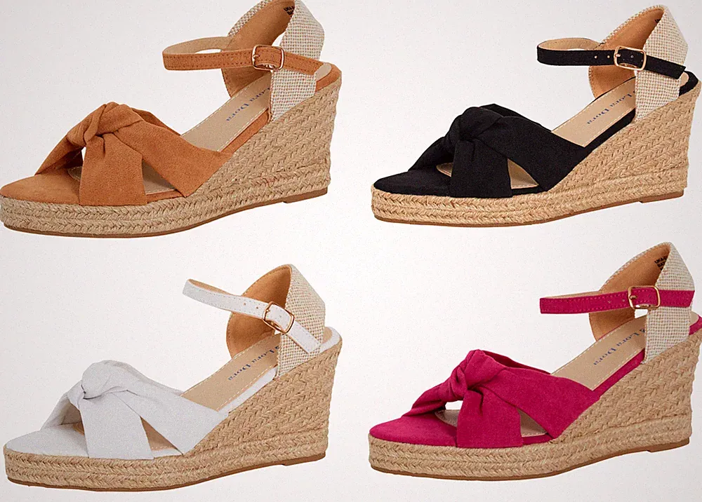 Damen-Sandalen offene Zehenpartie Keilabsatz Espadrille Keilabsätze Riemchen hessische Knöchelriemenschuhe