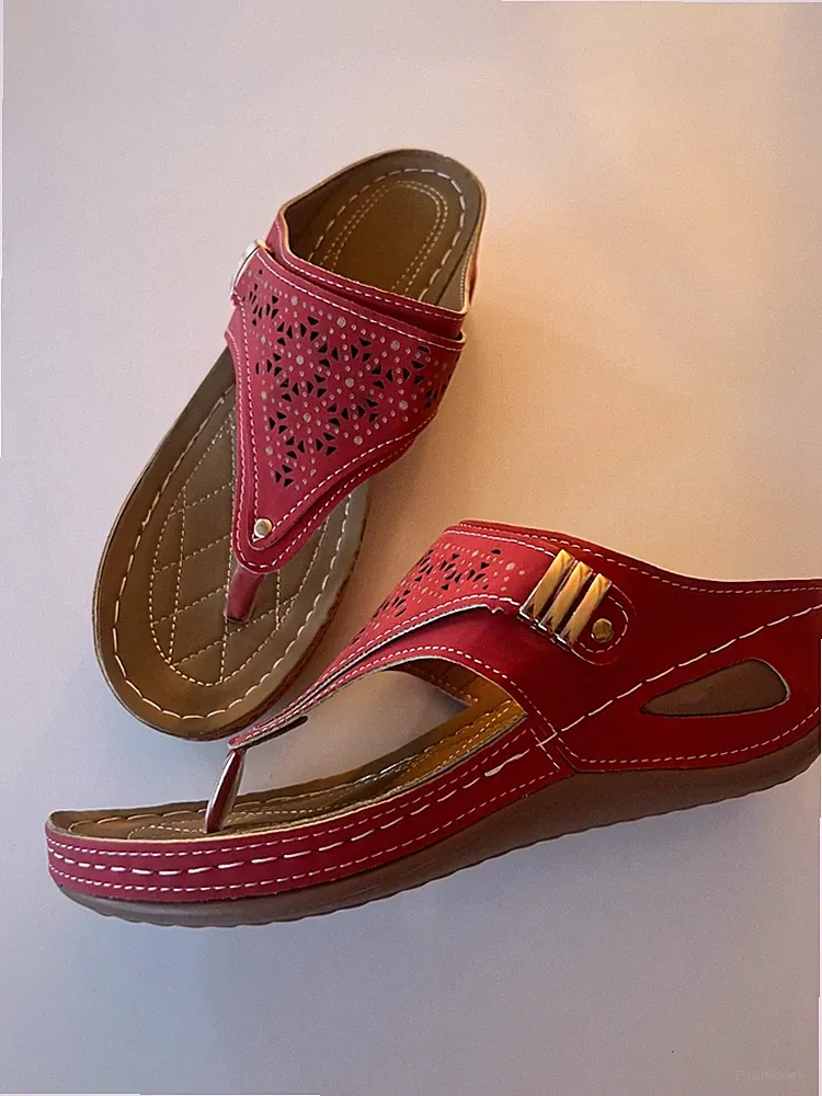 Damen Sandalen Pantolette Flip Flops Schuhe Freizeit Keilabsatz Rot Gr. 39 NEU
