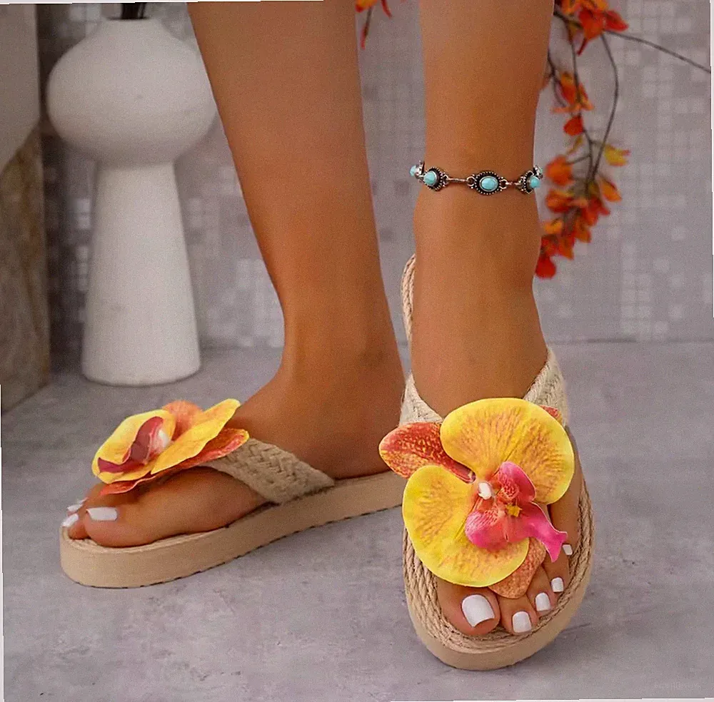 Damen Sandalen Pantoletten Bast Jute Zehentrenner Blumen Strandschuhe Slipper