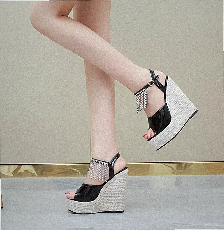 Damen Sandalen Keilabsatz 14 cm Plateau Plateau Schwarz Kordel Kunstleder 32881