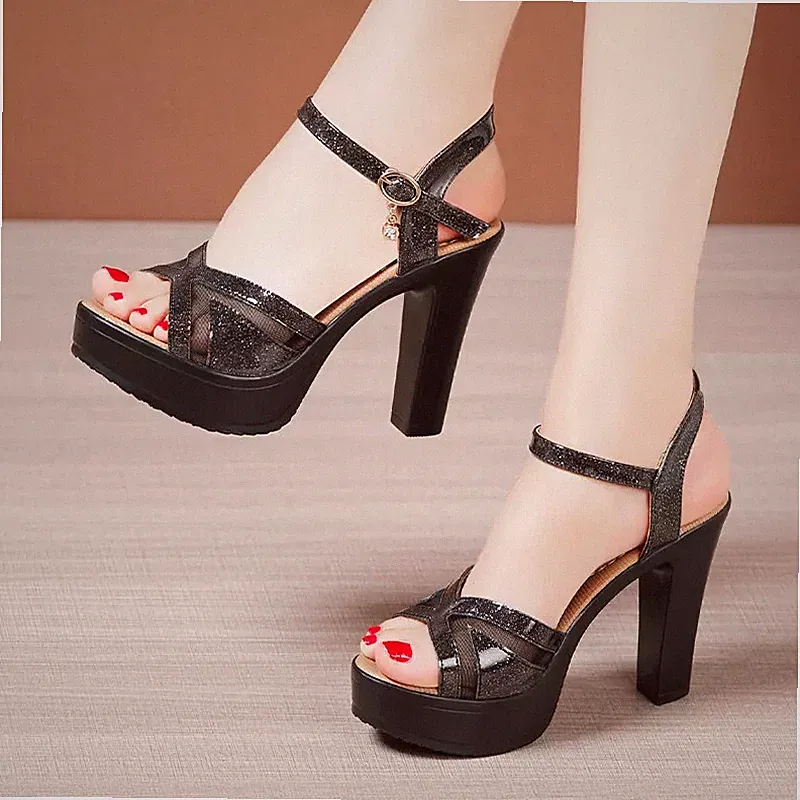 Damen Sandalen Plateau Absatz Keil 10 cm Schwarz Elegante Kunstleder 17172