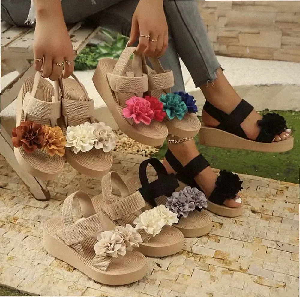 Damen Sandalen Plateau Blumen Sandaletten Wedge Sommer Schuhe Keilabsatz Y2K