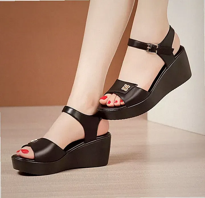 Damen Sandalen Riemchen Keilabsatz Plateau 8 cm schwarz leicht Kunstleder 2803