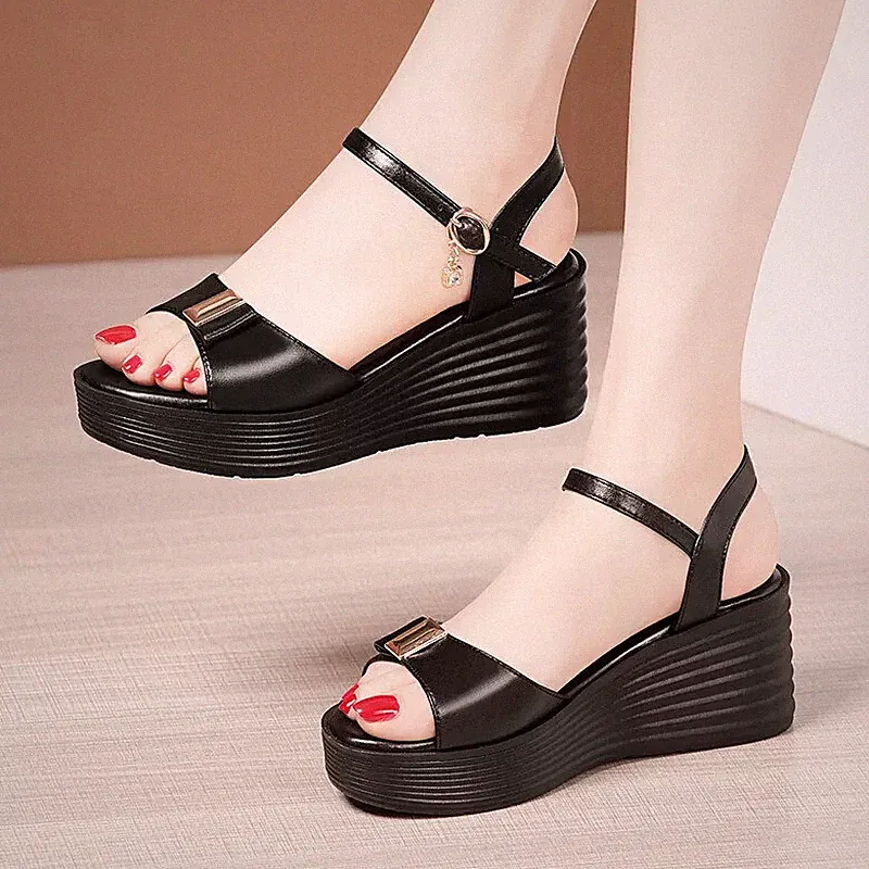 Damen Sandalen Riemchen Keilabsatz Platform 7 cm schwarz leicht Kunstleder 2798