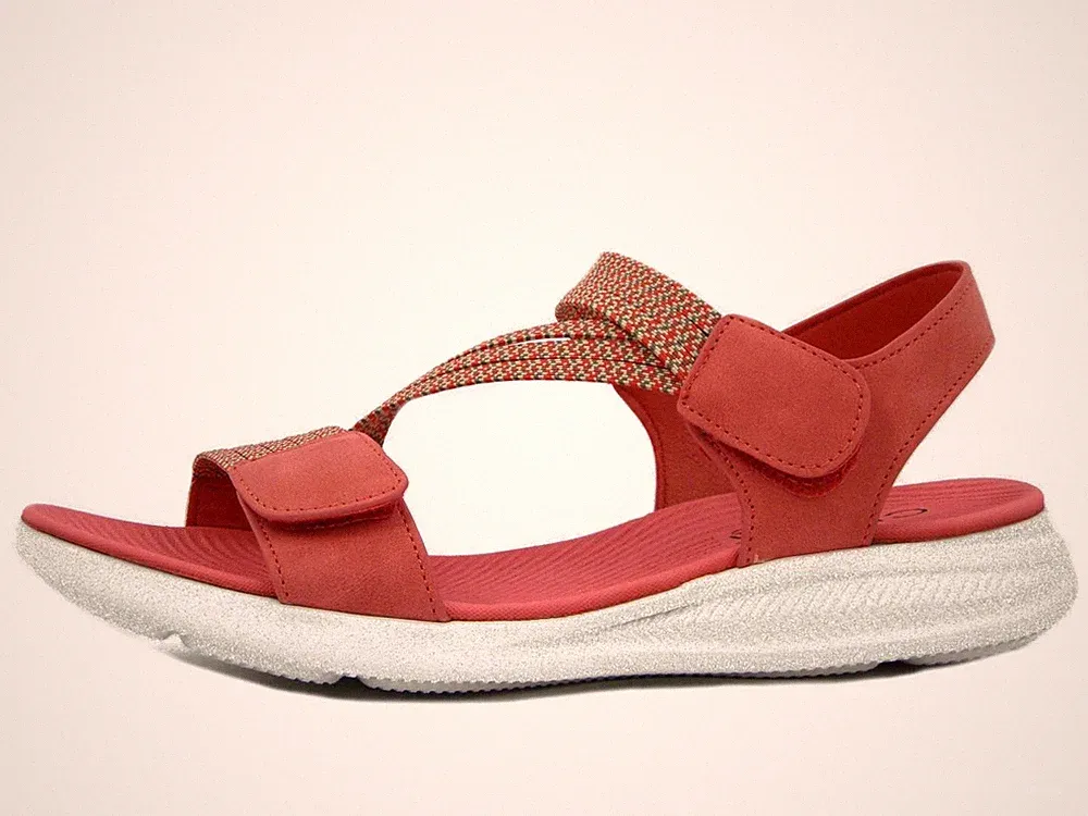 Damen Sandalen rot niedrig elastisch mit doppeltem Riemen GRAU SOFT