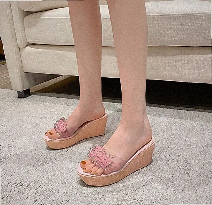 Damen Sandalen Sabot Clogs Keil Absatz Plattform 8 Rosa Leicht Kunstleder 87185