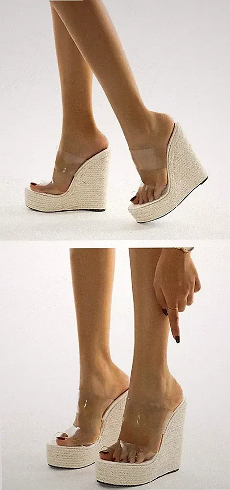 Damen Sandalen Sabot Keilabsatz 14.5 Beige Bequeme Plattform Kunstleder CZ148