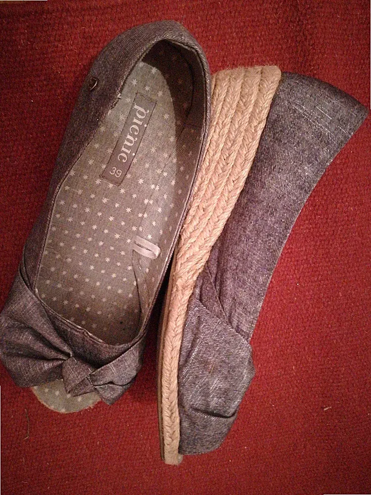 Damen Sandalen Sandaletten Keilabsatz Wedge Glitzer Schleife Jeans Stoff 39