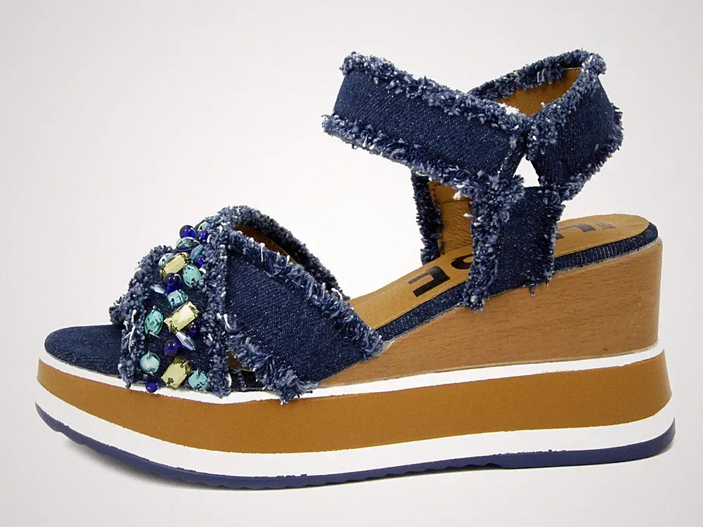 Damen Sandalen Schmuck Stoff Jeans mit Riemchen hoher Keilabsatz MENBUR