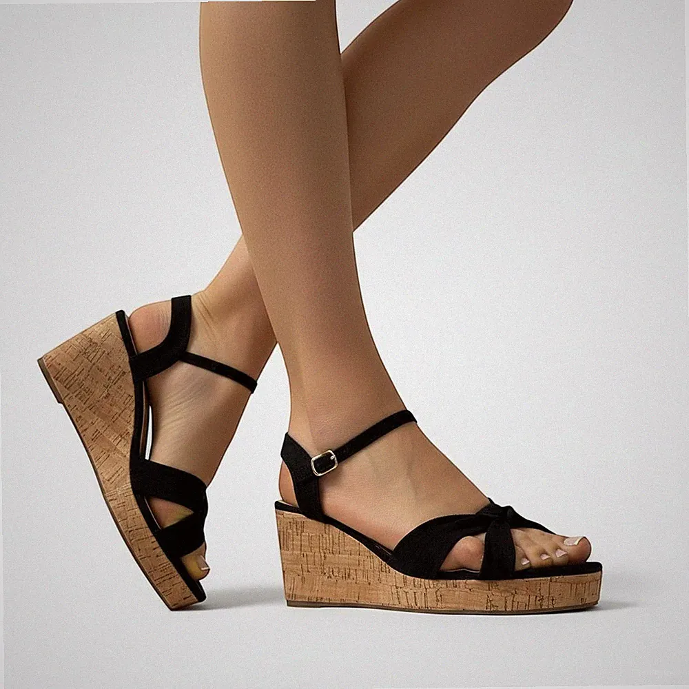 Damen-Sandalen schwarz braun Keilabsatz Kork Plateau verstellbare Riemen Sommerschuhe