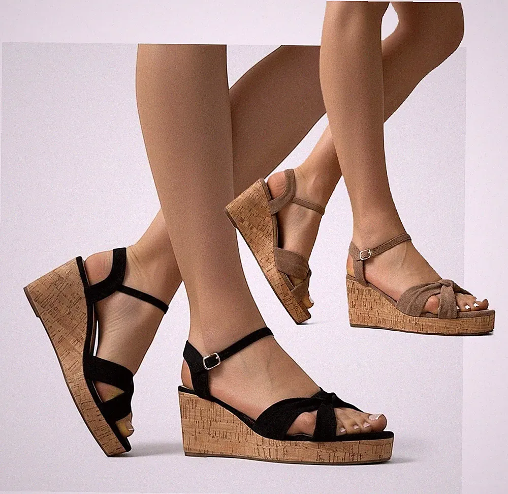 Damen-Sandalen schwarz braun Keilabsatz Kork Plateau verstellbare Riemen Sommerschuhe